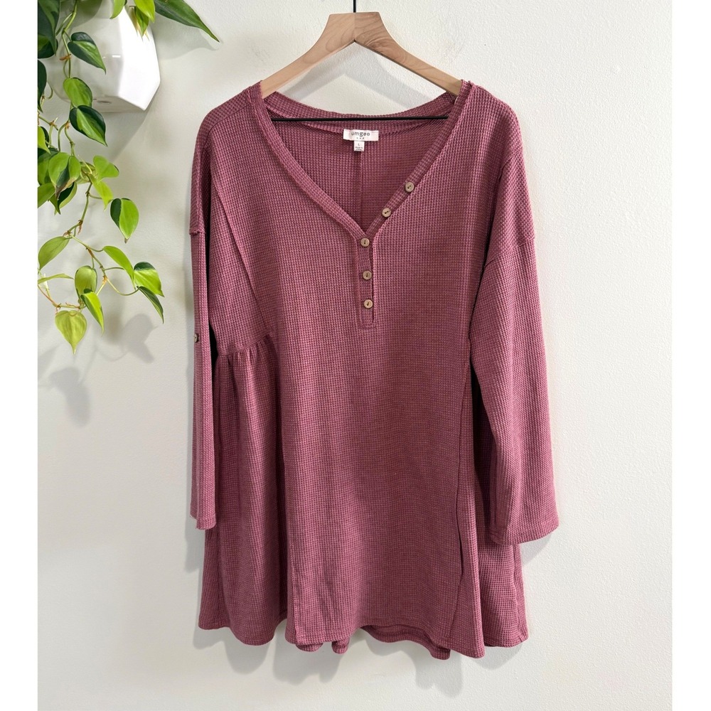 Umgee Mauve Rose Waffle Knit Henley Babydoll Tunic Dress A0540 Womens L Boho